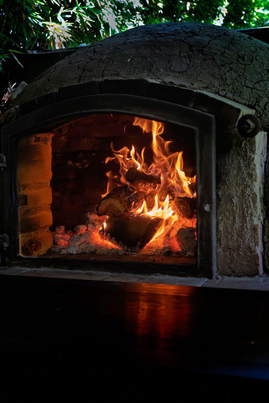 The wood-burning hearth, flames rolling over a split log